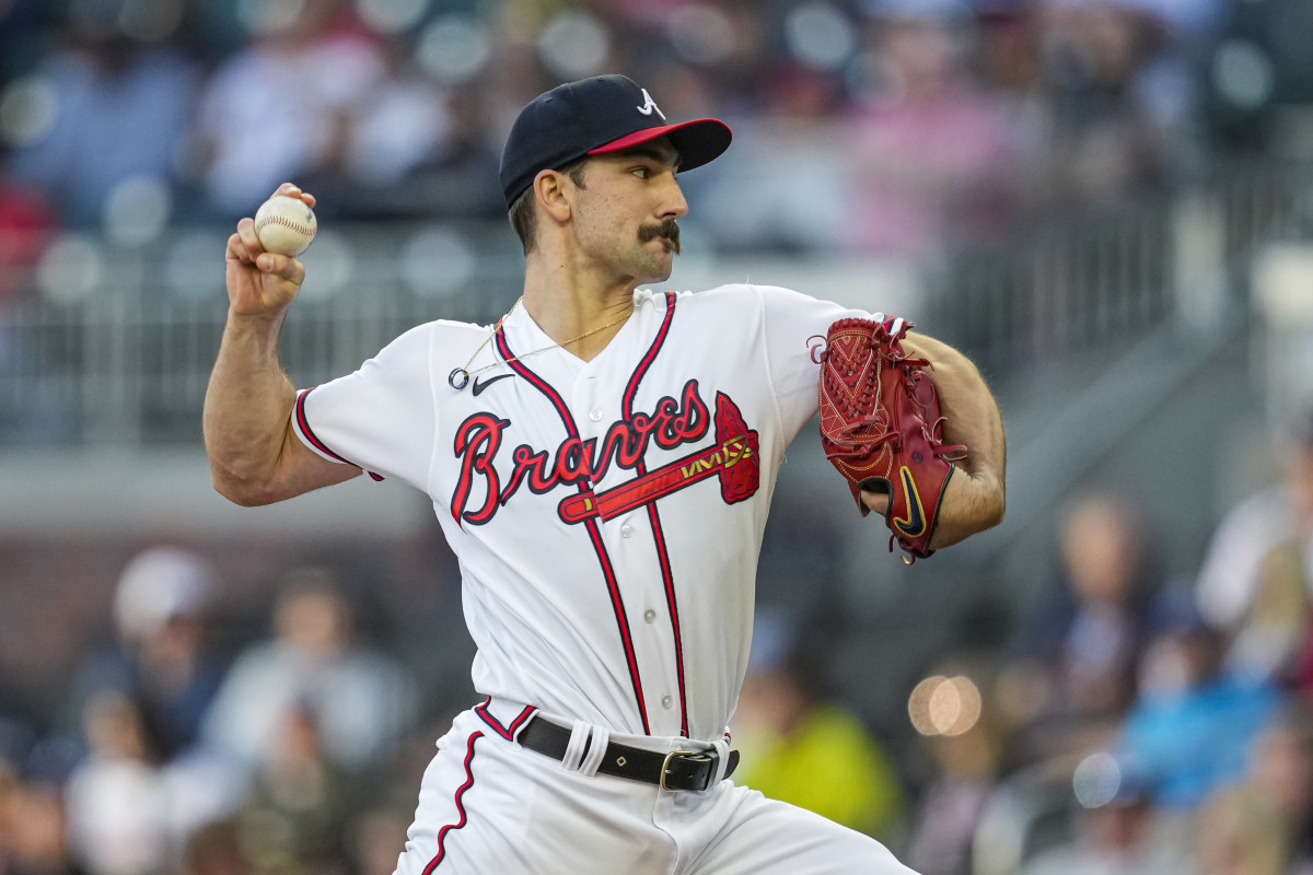Apr 24, 2023; Cumberland, Georgia, USA; Atlanta Braves starting pitcher Spencer Strider (99) pitches against the Miami Marlins during the first inning at Truist Park. Mandatory Credit: Dale Zanine-USA TODAY Sports